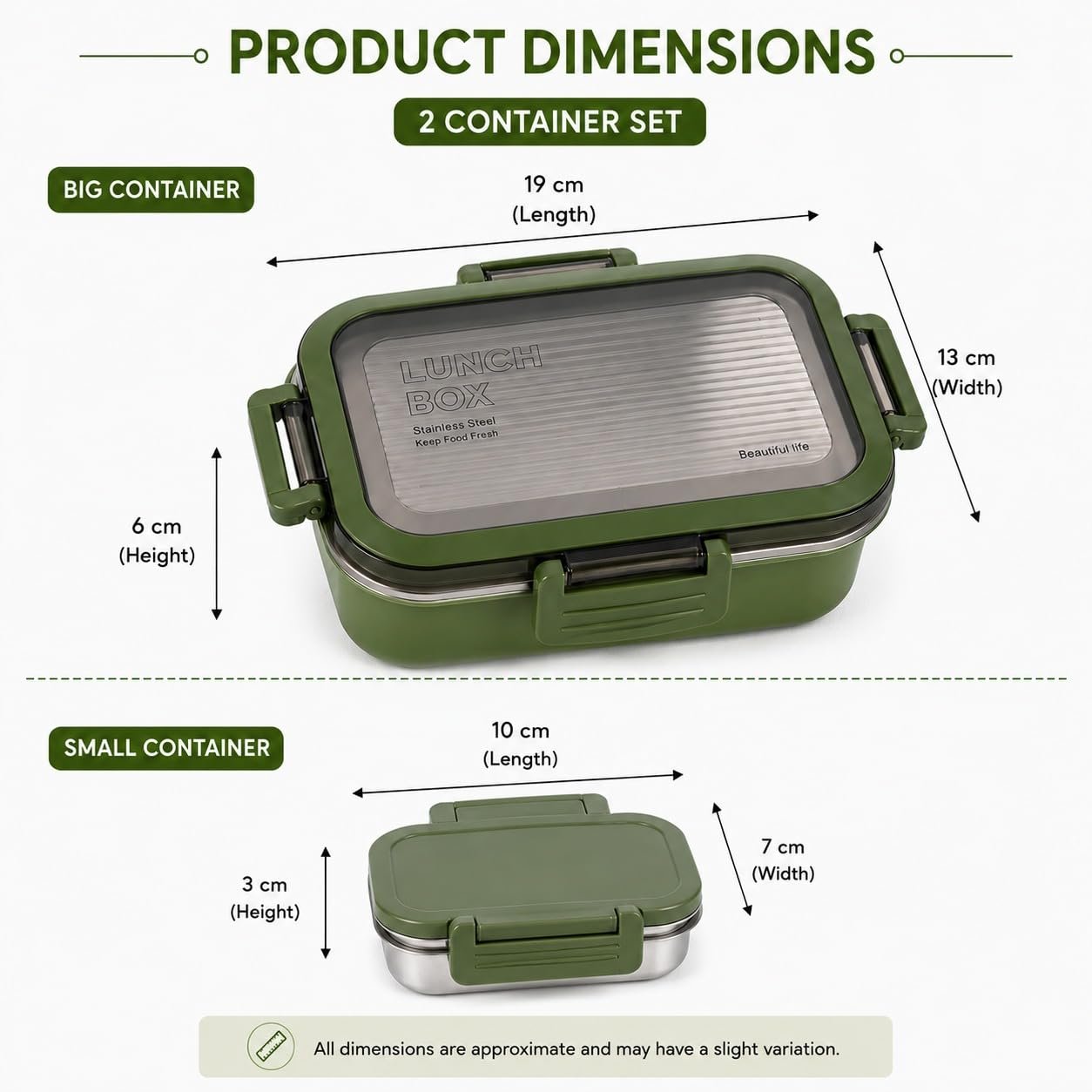 Stainless Steel Insulated Lunch Box with Secure Locking Lid & Carry Handle – Leak-Proof Food Container for School, Office, Travel & Picnic – 550 + 200 ml - Green