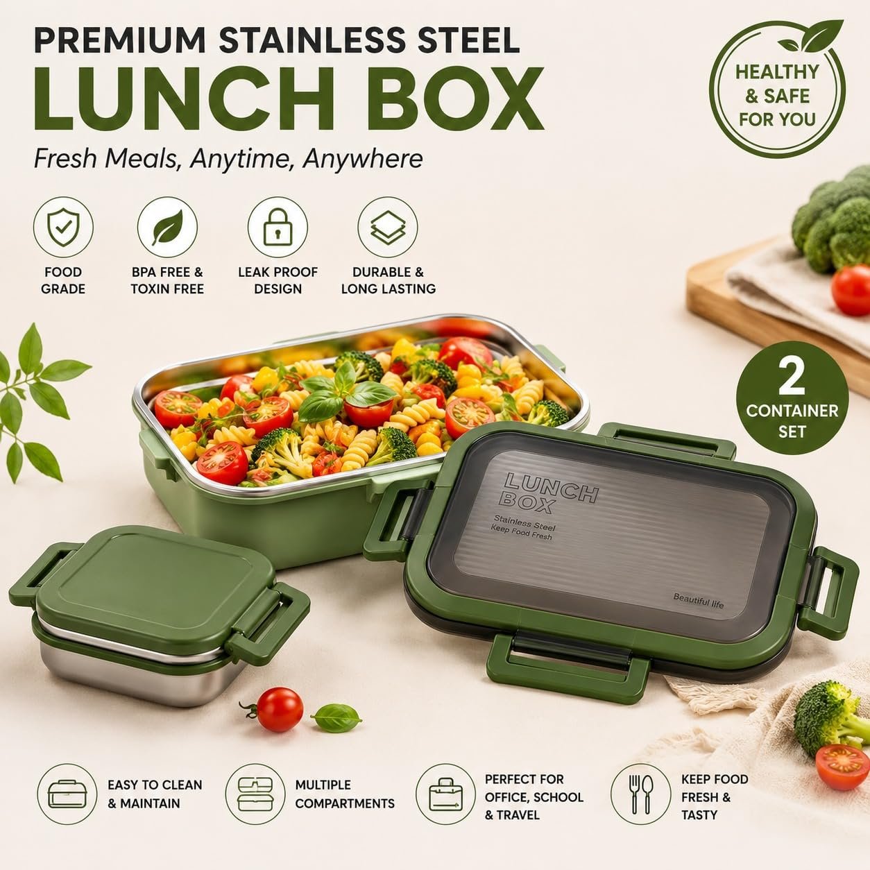 Stainless Steel Insulated Lunch Box with Secure Locking Lid & Carry Handle – Leak-Proof Food Container for School, Office, Travel & Picnic – 550 + 200 ml - Green