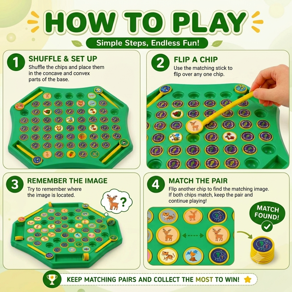 Flip & Match Animal Memory Game for Kids | Montessori Matching Board Game with 52 Animal Tokens, 4 Sticks & Stickers | Educational Brain Puzzle for Toddlers, Preschoolers & Kids | Fun Learning Toy